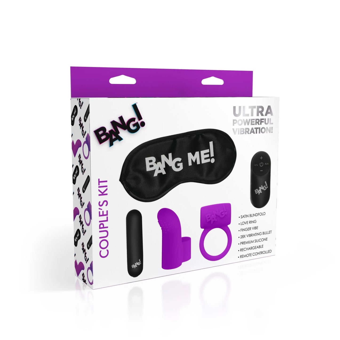 BANG! Couple's Cock Ring, Finger Vibe, Bullet & Blindfold Kit - Purple