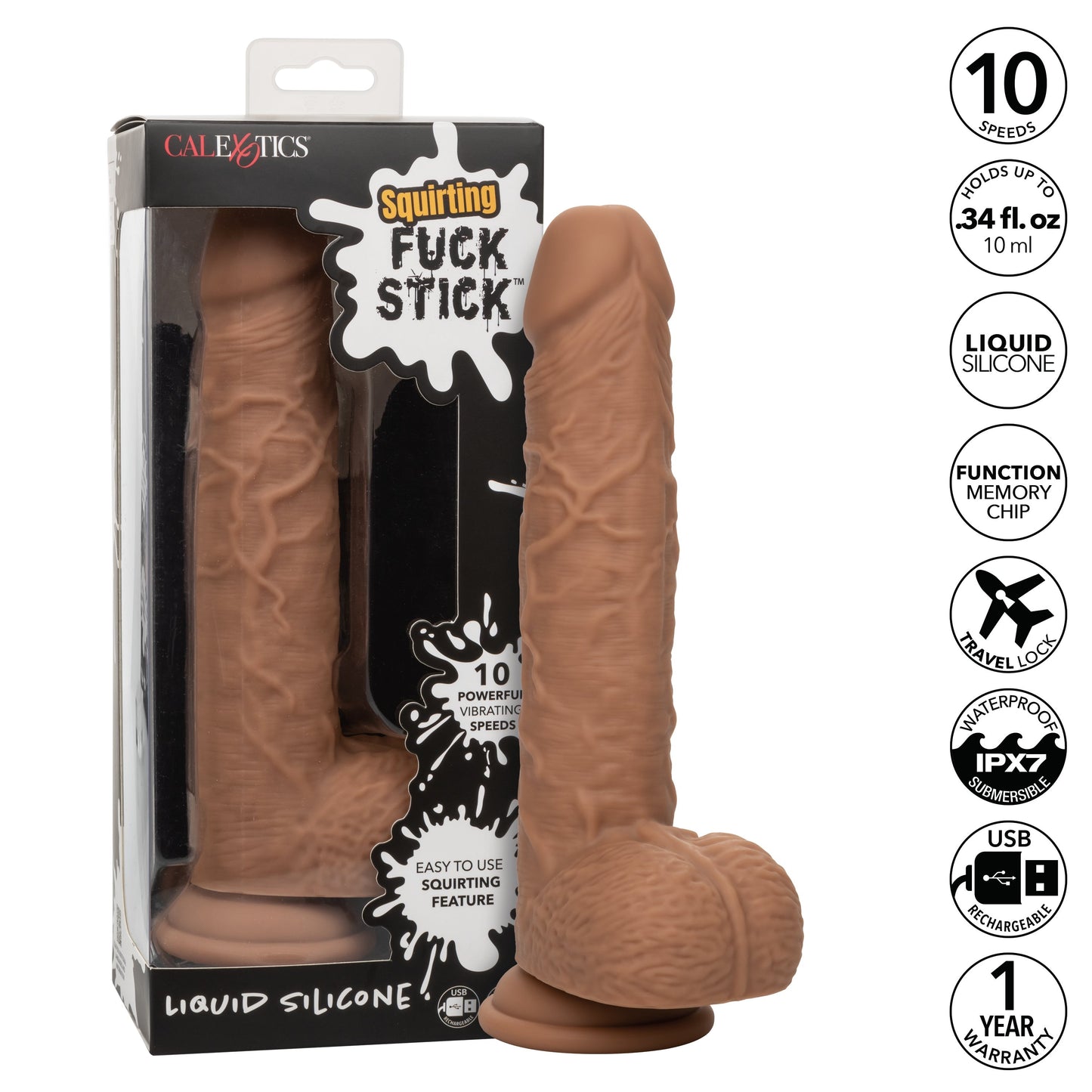 Fuck Stick Squirting Vibrating Silicone Suction Cup Dildo - Chocolate