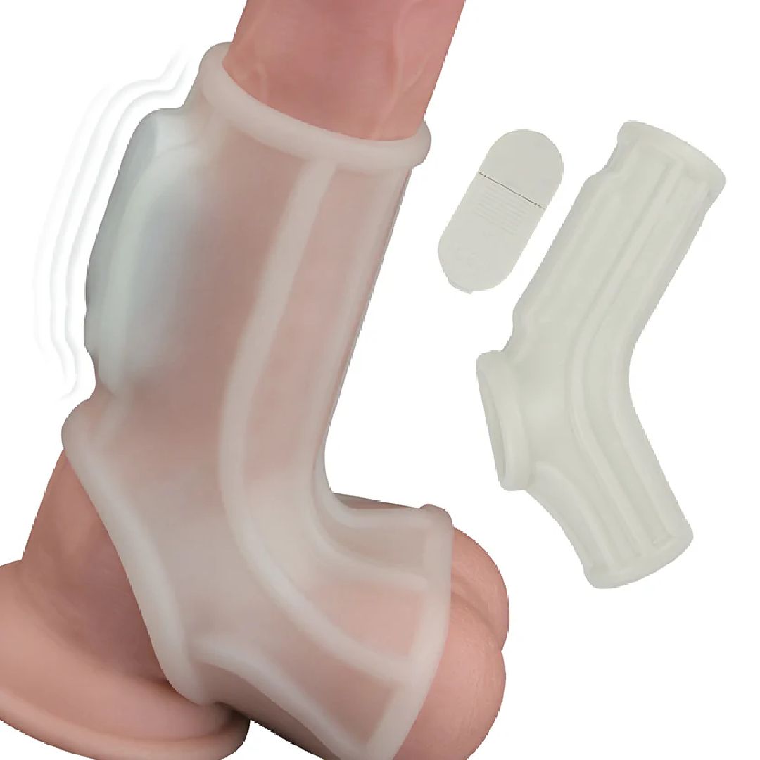 Power Sleeve Sleek Fit Vibrating Penis Enhancer with Ball Strap - White