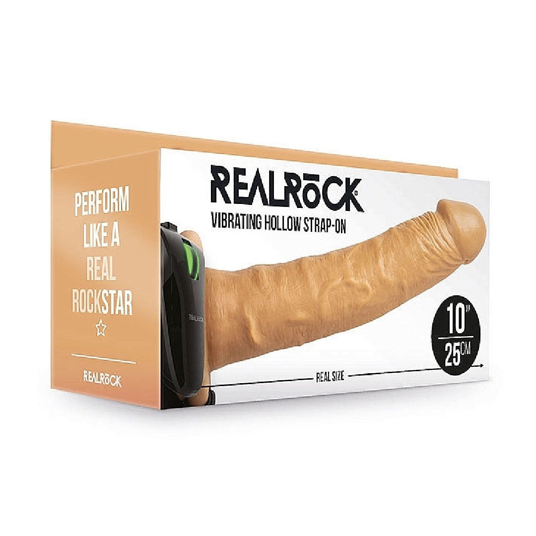 Realrock Massive Vibrating 10 Inch Hollow Dildo & Strap-on Harness - Caramel