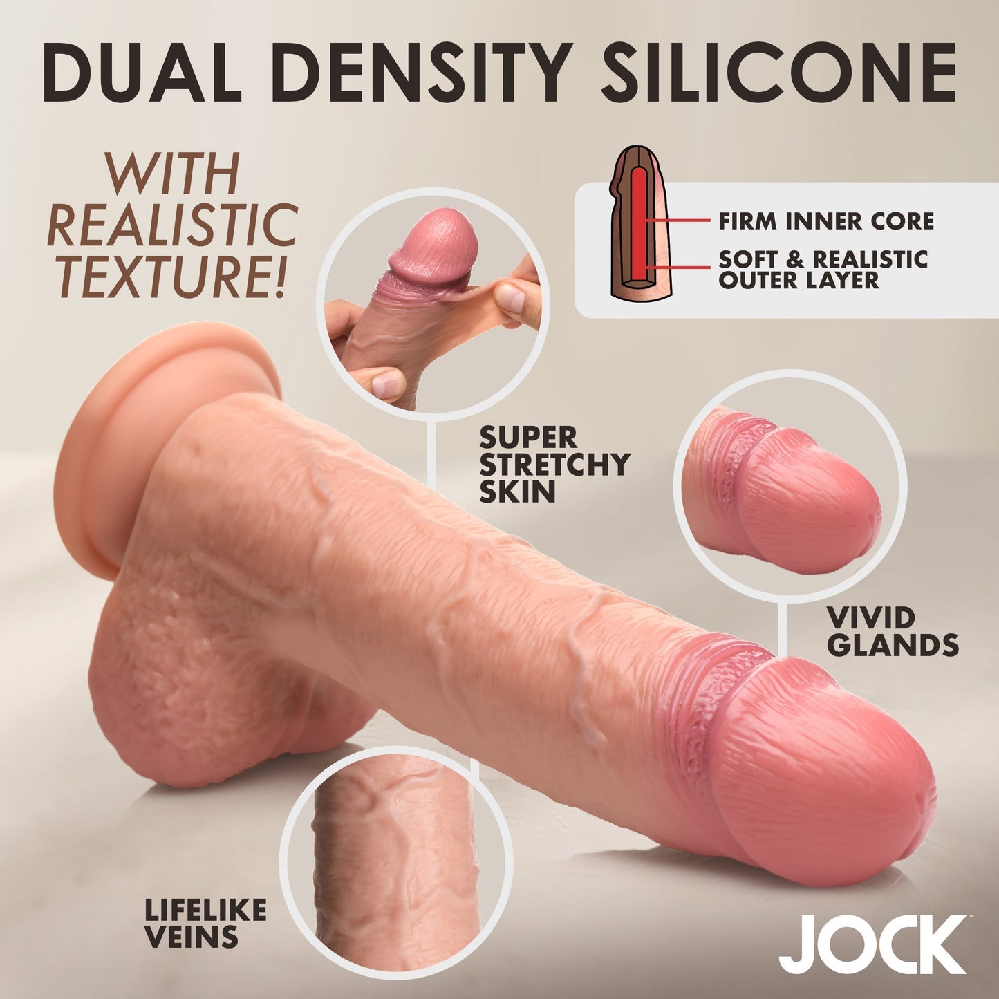 Jock Real Skin 9 Inch Silicone Suction Cup Dildo with Balls - Caramel